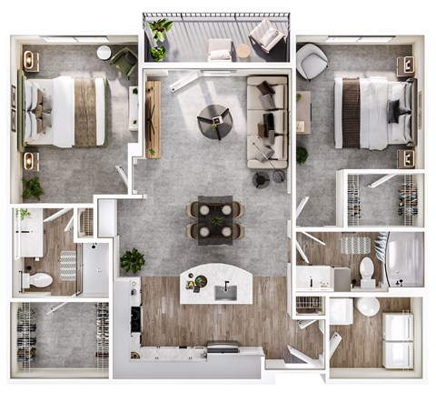 A top-down view of a modern apartment layout with a kitchen, living room, and bathroom.